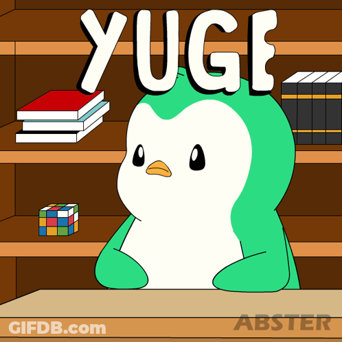Penguin Sitting At Table With Bookshelf And Yuge Above GIF