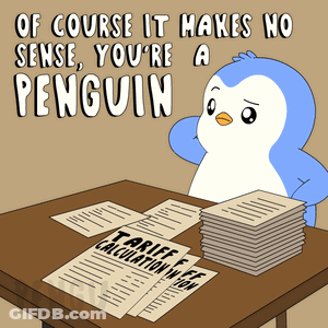 Penguin Sitting At Table With Tariff Papers GIF