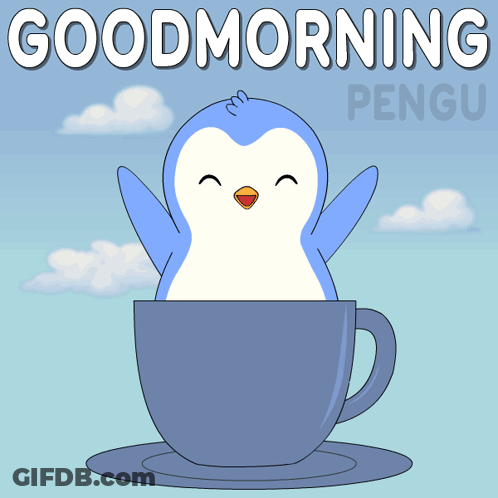 Penguin Sitting In Cup Saying Good Morning GIF