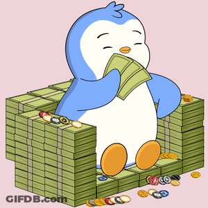 Penguin Sitting In Money Holding Dollar GIF