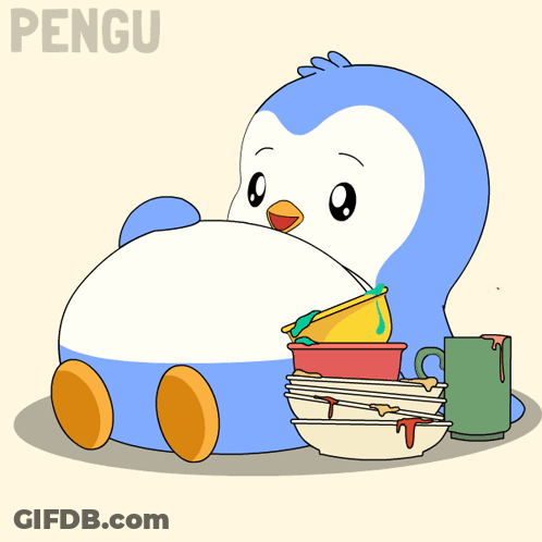 Penguin Sitting Next To Dishes GIF