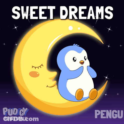 Penguin Sitting On Crescent Moon Sweet Dreams GIF