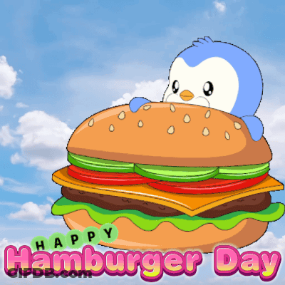 Penguin Sitting On Hamburger Saying Happy Hamburger Day GIF