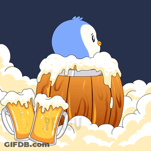 Penguin Sitting On Wooden Barrel With Beer Mugs GIF