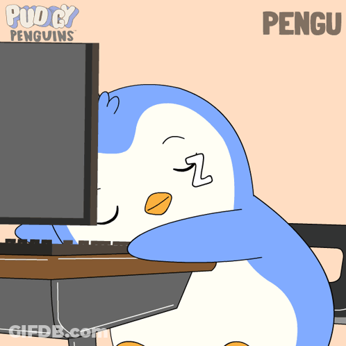 Penguin Sleeping In Front Of Computer With Word Pengu GIF