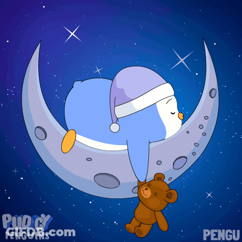 Penguin Sleeping On Crescent Moon With Teddy Bear GIF