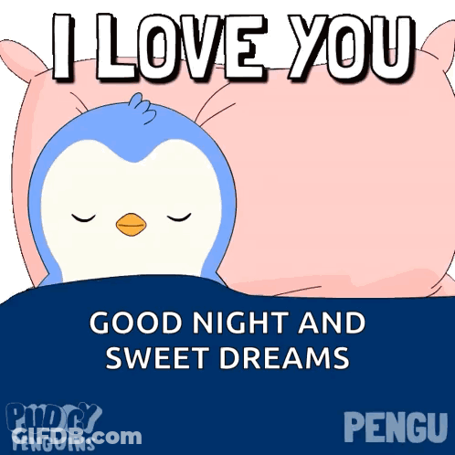Penguin Sleeping Under Pink Pillow Says I Love You GIF
