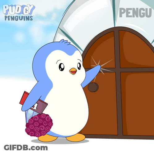 Penguin Standing In Front Of Pudding Penguins Sign GIF