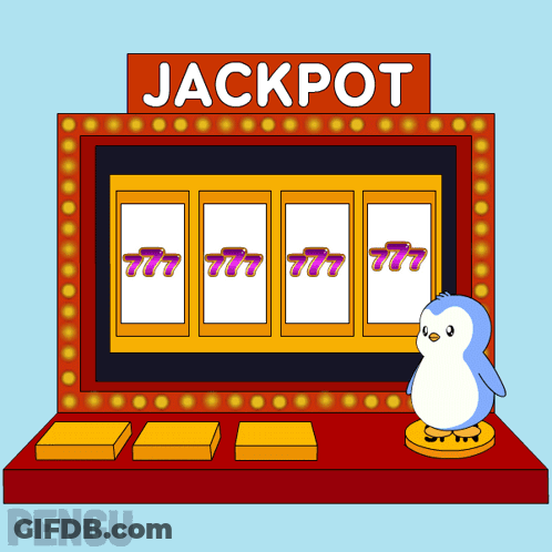 Penguin Standing In Front Of Slot Machine Saying Jackpot GIF