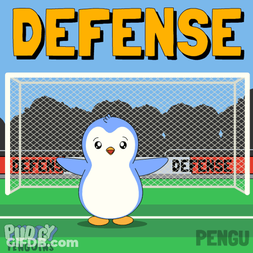 Penguin Standing In Front Of Soccer Goal Saying Defense GIF