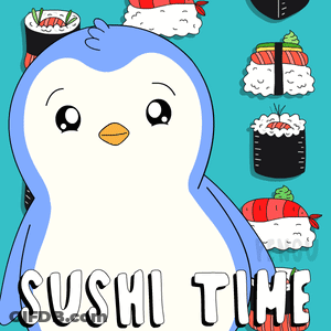 Penguin Standing In Front Of Sushi GIF