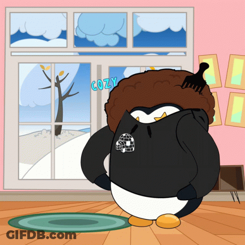Penguin Standing In Front Of Window Saying Cozy GIF