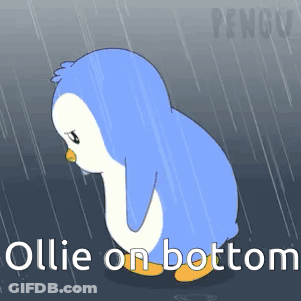 Penguin Standing In Rain Saying Ollie On Bottom GIF