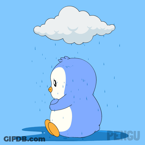 Penguin Standing In Rain Under Cloud With Pengu GIF