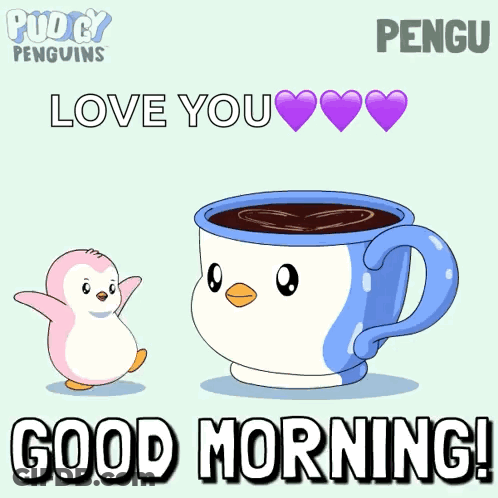 Penguin Standing Next To Coffee Saying Love You GIF