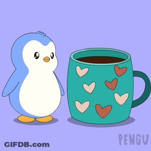Penguin Standing Next To Coffee With Hearts GIF
