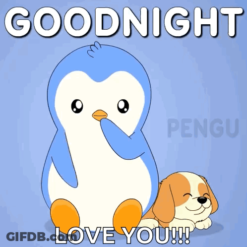 Penguin Standing Next To Dog Saying Goodnight Love You GIF