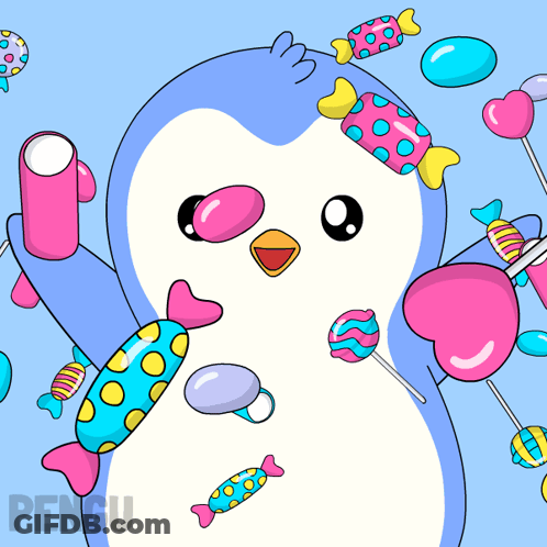 Penguin Surrounded By Colorful Candies And Text Pengu GIF