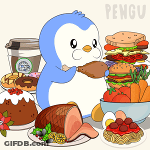 Penguin Surrounded By Food And Sandwich GIF