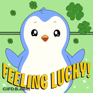 Penguin Surrounded By Four-Leaf Clovers Saying Feeling Lucky GIF