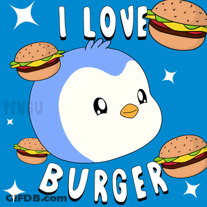 Penguin Surrounded By Hamburgers I Love Burger GIF