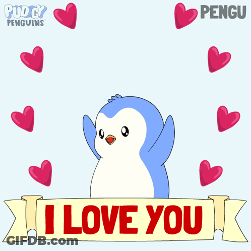 Penguin Surrounded By Hearts I Love You Banner GIF