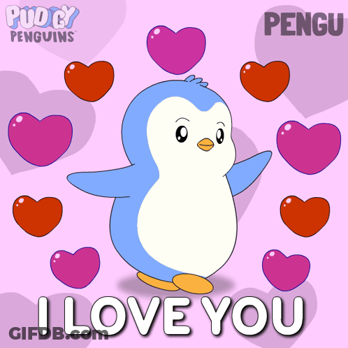 Penguin Surrounded By Hearts I Love You GIF