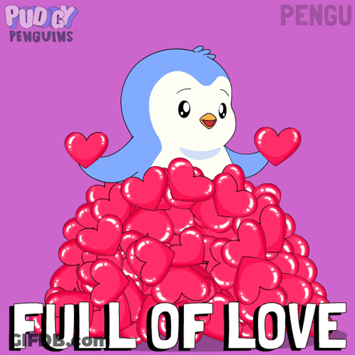 Penguin Surrounded By Pink Hearts Full Of Love GIF