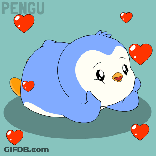 Penguin Surrounded By Red Hearts GIF