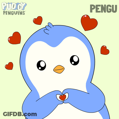 Penguin Surrounded By Red Hearts Named Pengu GIF