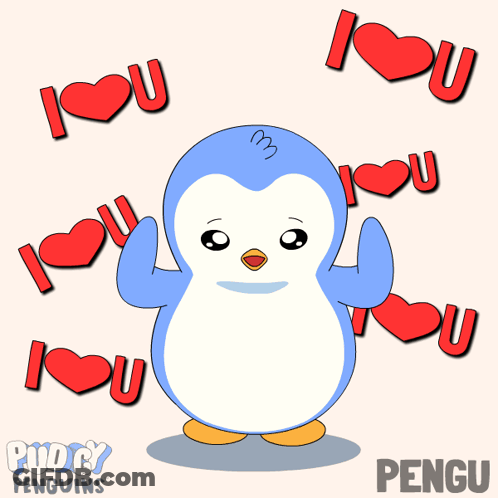 Penguin Surrounded By Red Hearts Saying I Love You GIF