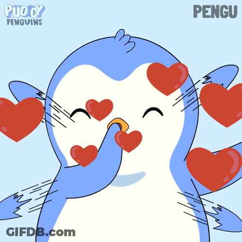 Penguin Surrounded By Red Hearts Saying Pengu GIF