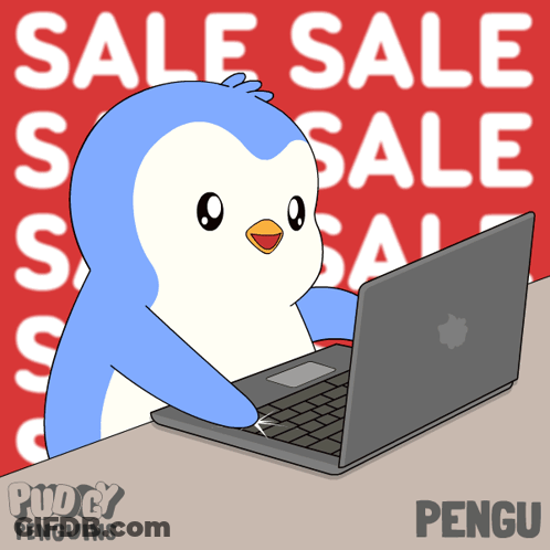 Penguin Typing Laptop Red Sale Sale Sale Sign GIF