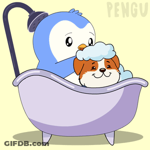 Penguin Washing Dog In Bathtub With Pengu GIF