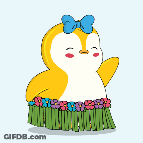 Penguin Wearing Blue Bow And Hula Skirt GIF