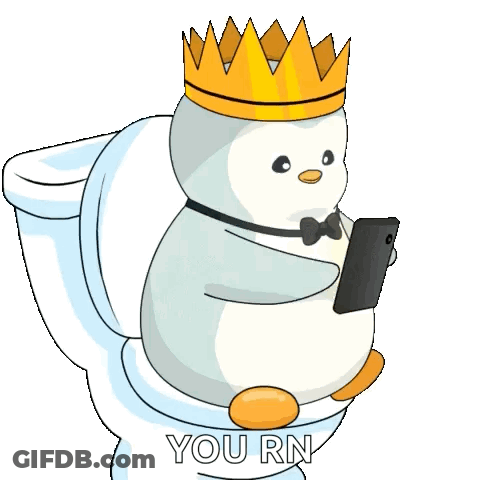 Penguin Wearing Crown And Bow Tie Sitting On Toilet With Phone GIF