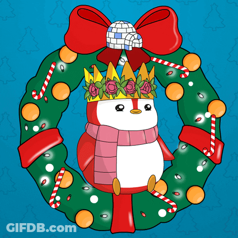 Penguin Wearing Crown In Christmas Wreath With Candy Canes GIF