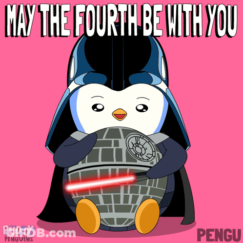 Penguin Wearing Darth Vader Helmet Holding Death Star GIF