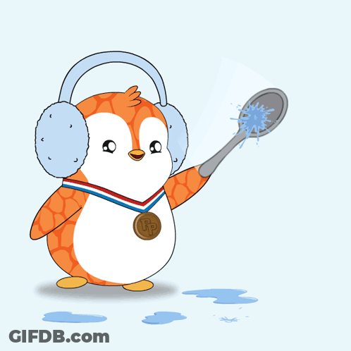 Penguin Wearing Ear Muffs Holding Spoon And Medal Saying LP GIF