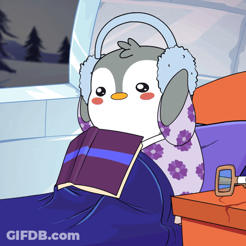 Penguin Wearing Ear Muffs Reading Book GIF