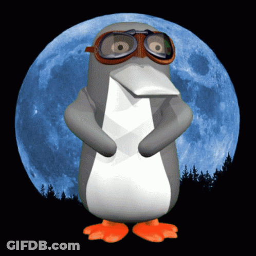 Penguin Wearing Goggles In Front Of Blue Moon GIF