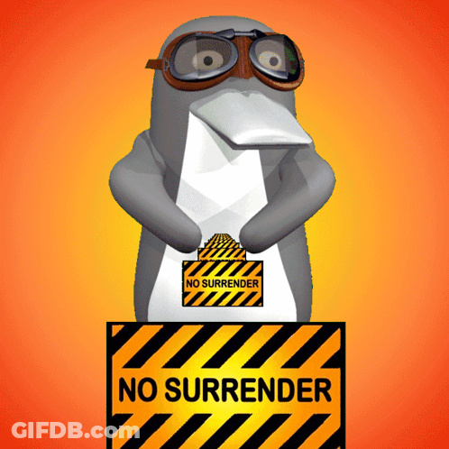 Penguin Wearing Goggles Next To No Surrender Sign GIF