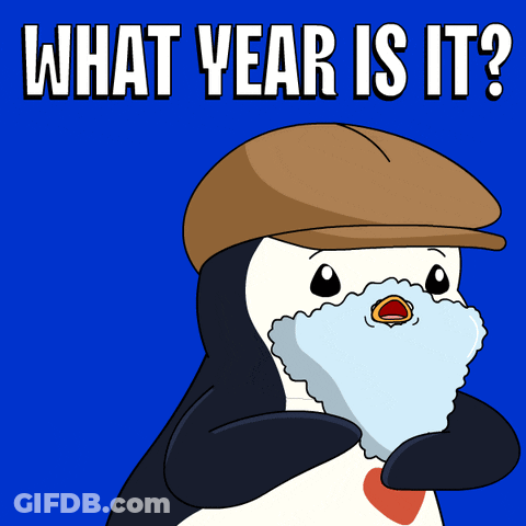 Penguin Wearing Hat And Beard Saying What Year GIF