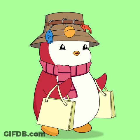 Penguin Wearing Hat And Scarf Carrying Shopping Bags GIF