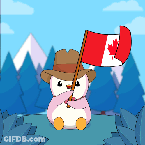 Penguin Wearing Hat And Scarf Holding Canadian Flag GIF