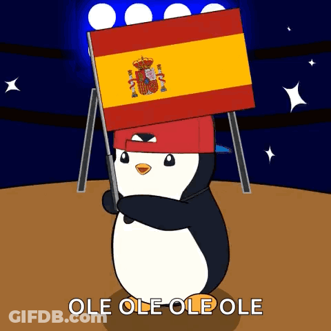 Penguin Wearing Hat Holding Spanish Flag GIF