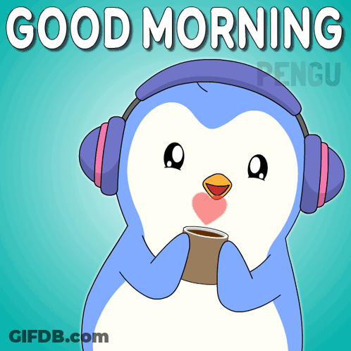 Penguin Wearing Headphones Holding Coffee Saying Good Morning GIF