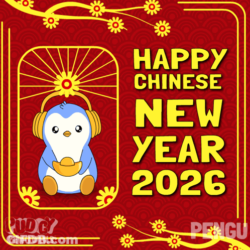 Penguin Wearing Headphones Holding Gold Coin Happy Chinese New Year 2026 GIF