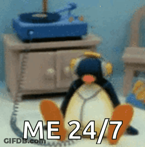 Penguin Wearing Headphones Saying Me 24/7 GIF