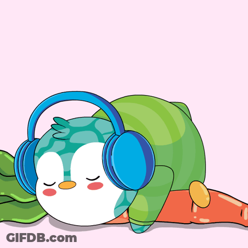 Penguin Wearing Headphones Sleeping On Carrot GIF